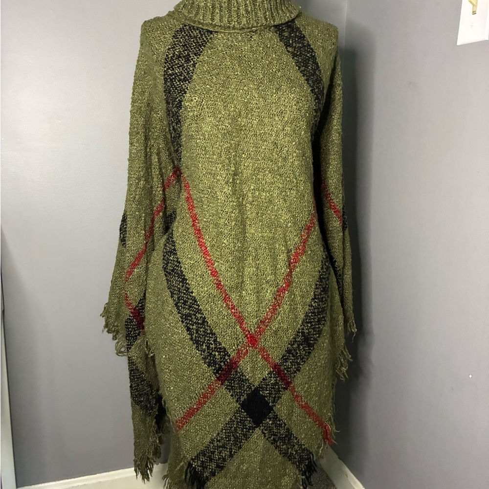 Olive Green Plaid Turtleneck Poncho Sweater